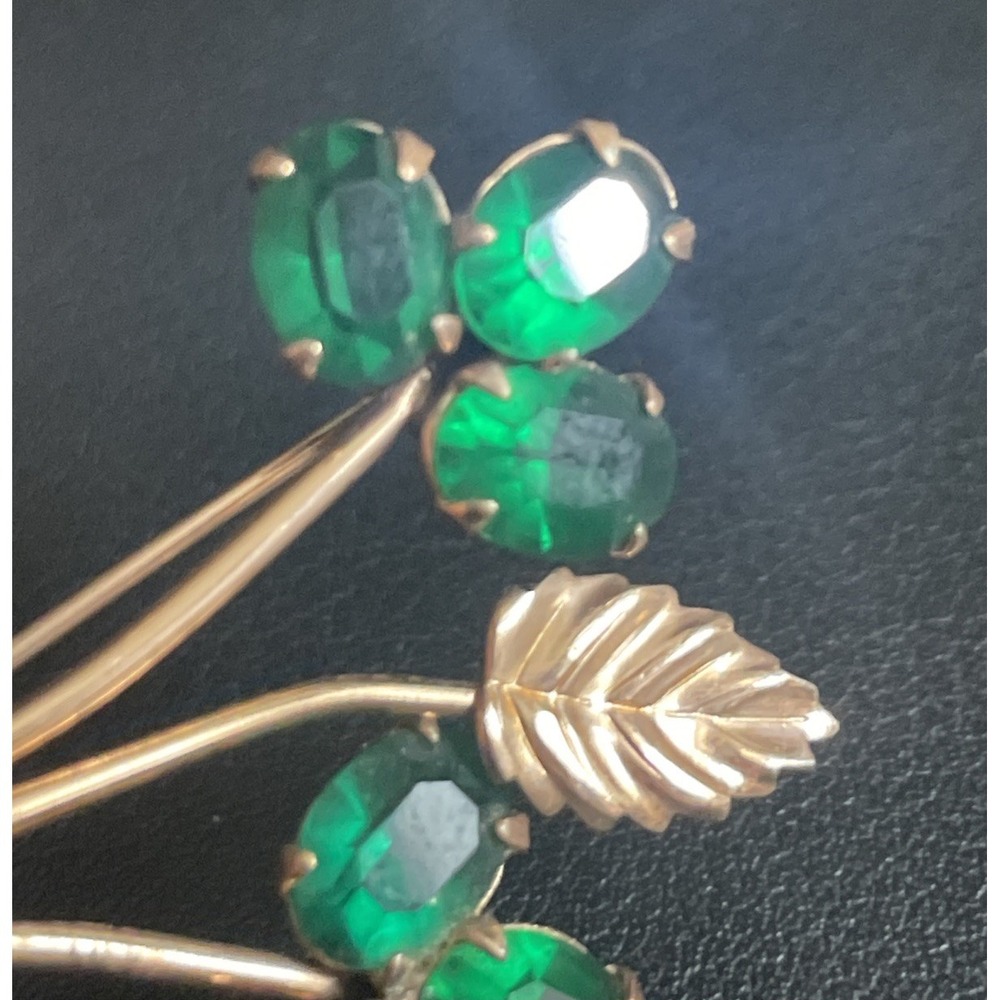 CORO Sterling Floral Brooch Rose Gold Tone Green Rhinestone Pin Delicate Vintage - Picture 3 of 9